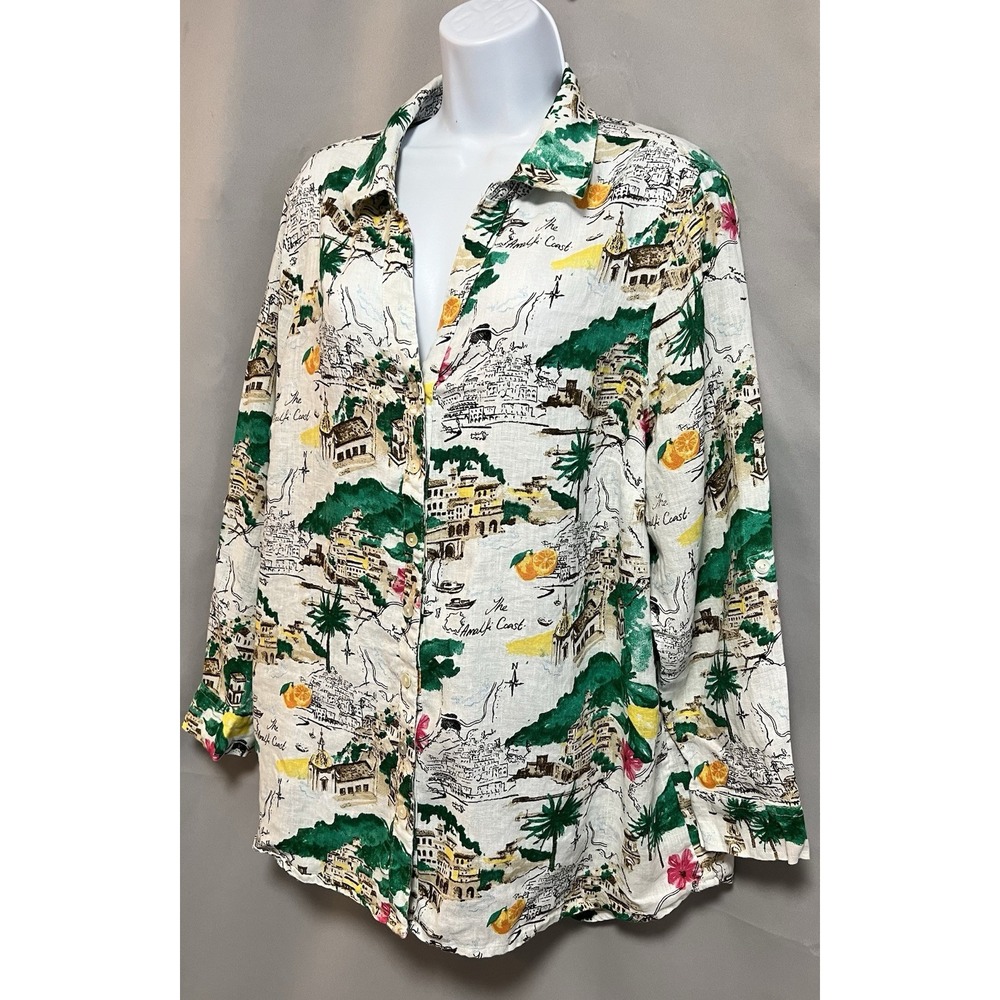 Cynthia Rowley Womens Plus 1X Blouse Shirt Amalfi Coast 100% Linen Rolled Cuff - Picture 2 of 13